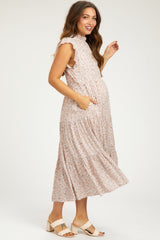 Light Mauve Floral Ruffle Mock Neck Tiered Maternity Midi Dress