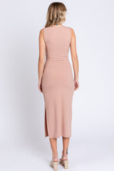 Peach Rib Knit Side Tie Midi Dress