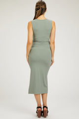 Sage Rib Knit Side Tie Maternity Midi Dress