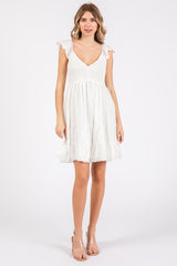 White Textured Polka Dot Eyelet Shoulder V-Neck Dress