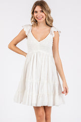 White Textured Polka Dot Eyelet Shoulder V-Neck Dress