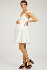 White Textured Polka Dot Eyelet Shoulder V-Neck Maternity Dress