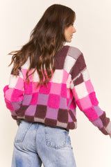 Pink Multi Multicolor Checkered Knit Sweater