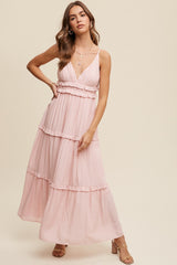 Pink Striped Ruffle Tiered Maternity Maxi Dress