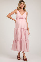 Pink Striped Ruffle Tiered Maternity Maxi Dress