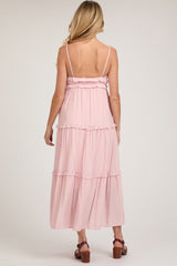 Pink Striped Ruffle Tiered Maternity Maxi Dress