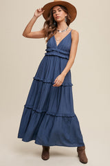 Navy Blue Striped Ruffle Tiered Maternity Maxi Dress