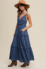 Navy Blue Striped Ruffle Tiered Maxi Dress