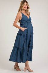 Navy Blue Striped Ruffle Tiered Maternity Maxi Dress