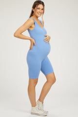 Light Blue Ribbed Sleeveless Fitted Maternity Romper