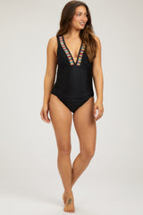 Black Crochet Accent Sleeveless Maternity One Piece Swimsuit