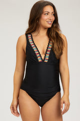 Black Crochet Accent Sleeveless Maternity One Piece Swimsuit