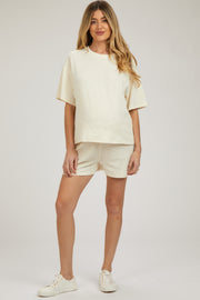 Cream Ribbed Short Sleeve Maternity Short Set