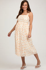 Orange Floral Textured Dot Square Neck Maternity Midi Dress