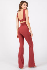 Rust Open Back Ruched Sleeveless Jumpsuit