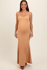 Camel Sleeveless Ribbed Maternity Maxi Dress