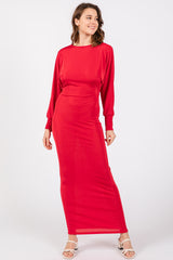 Red Long Sleeve Open Back Maternity Maxi Dress