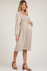 Beige Floral Print Long Sleeve Maternity Midi Dress