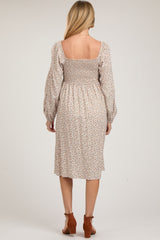 Beige Floral Print Long Sleeve Maternity Midi Dress