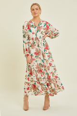 Ivory Floral Button Front Waist Tie Midi Dress