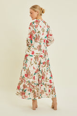 Ivory Floral Button Front Waist Tie Midi Dress