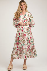 Ivory Floral Button Front Waist Tie Maternity Midi Dress