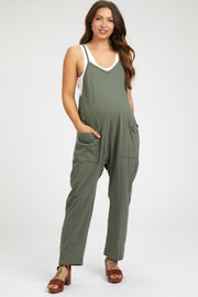 Olive Knit Front Pocket Maternity Overall