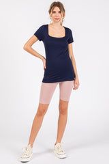 Navy Blue Square Neck Short Sleeve Top