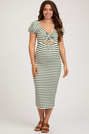 Forest Green Striped Drawstring Ruched Front Maternity Midi Dress