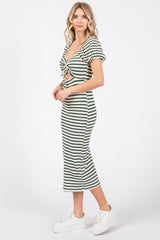 Forest Green Striped Drawstring Ruched Front Midi Dress