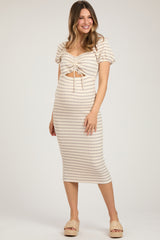 Grey Striped Drawstring Ruched Front Maternity Midi Dress