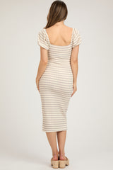 Grey Striped Drawstring Ruched Front Maternity Midi Dress