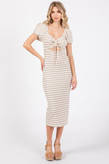 Grey Striped Drawstring Ruched Front Maternity Midi Dress