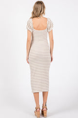 Grey Striped Drawstring Ruched Front Midi Dress