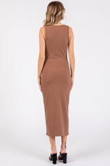 Mocha Ribbed Sweetheart Neck Midi Dress