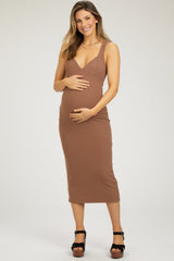 Mocha Ribbed Sweetheart Neck Maternity Midi Dress