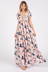 Light Pink Floral V-Neck Puff Sleeve Maxi Dress