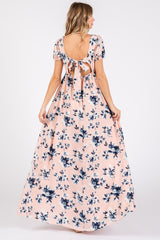 Light Pink Floral V-Neck Puff Sleeve Maxi Dress