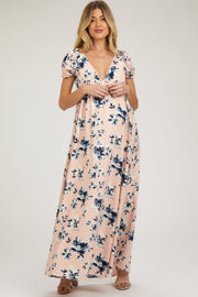 Light Pink Floral V-Neck Puff Sleeve Maternity Maxi Dress