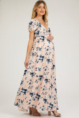 Light Pink Floral V-Neck Puff Sleeve Maternity Maxi Dress