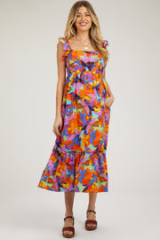 Orange Floral Satin Square Neck Ruffle Strap Maternity Midi Dress