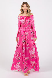 Fuchsia Floral Ruffle Neck Maxi Dress