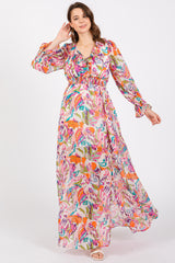 Pink Print Ruffle Long Sleeve Maternity Maxi Dress