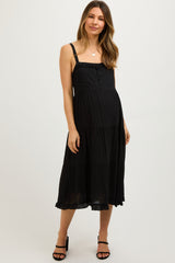 Black Sleeveless Button Tiered Maternity Midi Dress