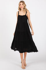 Black Sleeveless Button Tiered Maternity Midi Dress