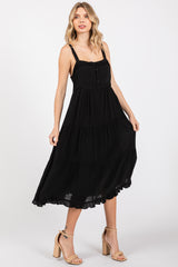 Black Sleeveless Button Tiered Midi Dress