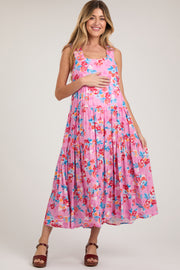 Pink Floral Sleeveless Tiered Maternity Maxi Dress