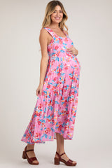 Pink Floral Sleeveless Tiered Maternity Maxi Dress