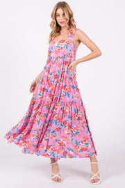 Pink Floral Sleeveless Tiered Maxi Dress