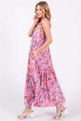 Pink Floral Sleeveless Tiered Maxi Dress